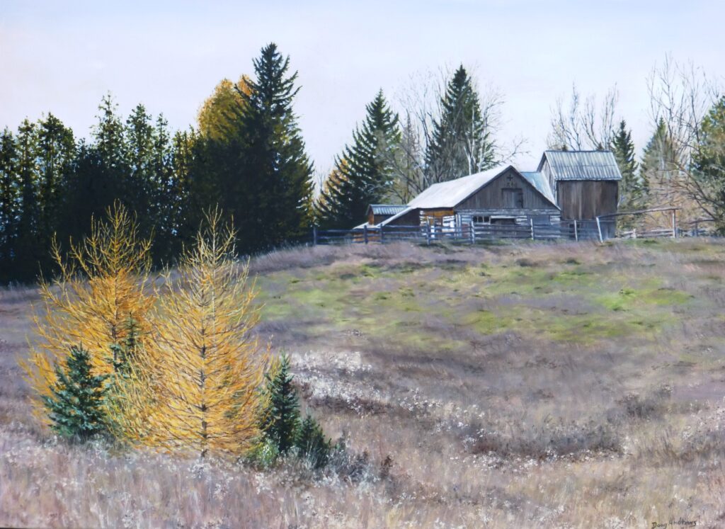 As I sat making the initial sketch for this work, I felt both melancholy and hopeful. I imagined the sounds of cattle, sheep and poultry that must once have echoed from the barnyard and the fields of crops that were planted, tended and harvested – all gone, now. The Tamarack and other native trees beginning to repopulate the field after years of cultivation, gave me hope – reminding me that, regardless of whether we are farmers or not, we depend on the land, air and water to sustain us.